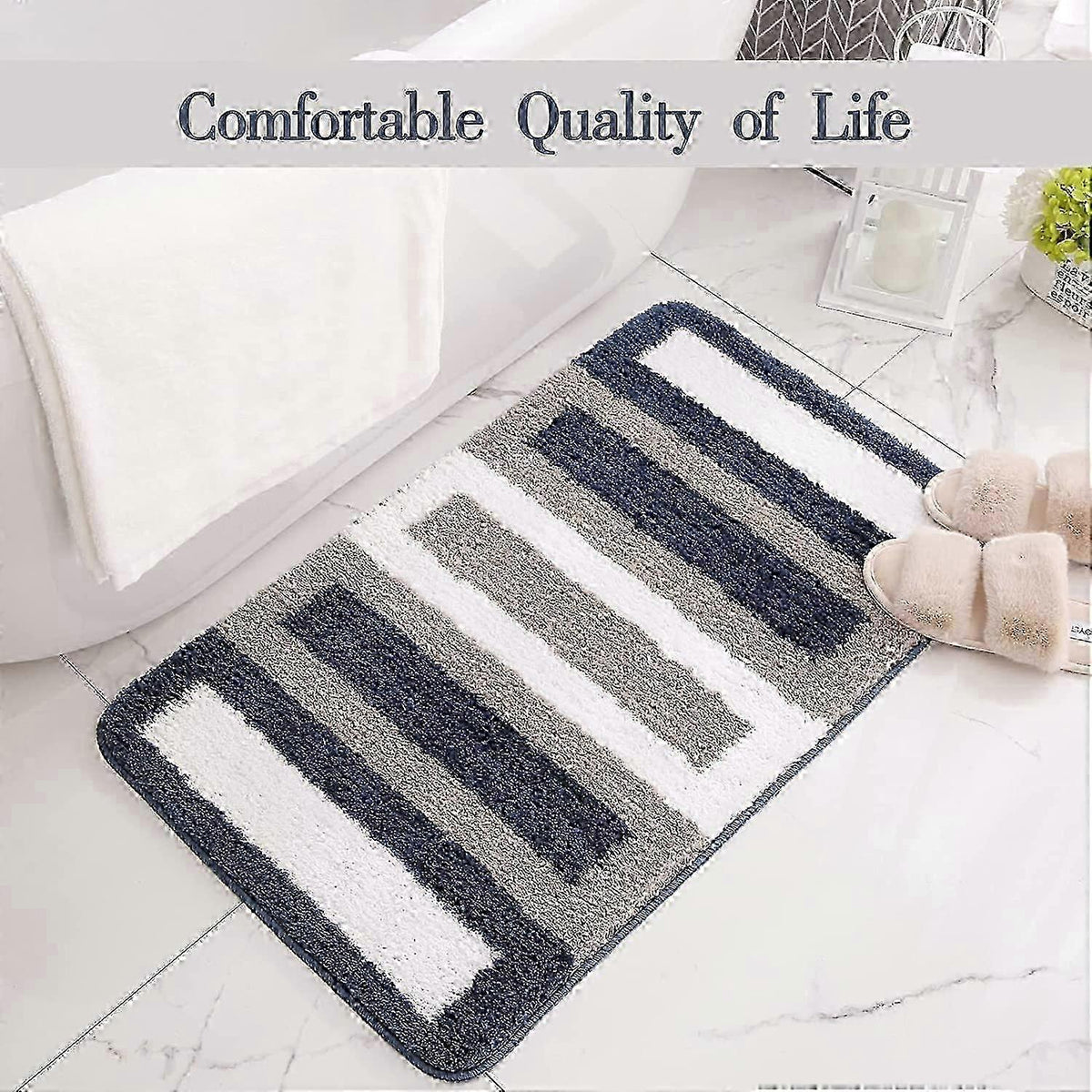 Blue Microfiber Bath Mat – Soft Absorbent Non-Slip Machine Washable Rug, 16" x 24
