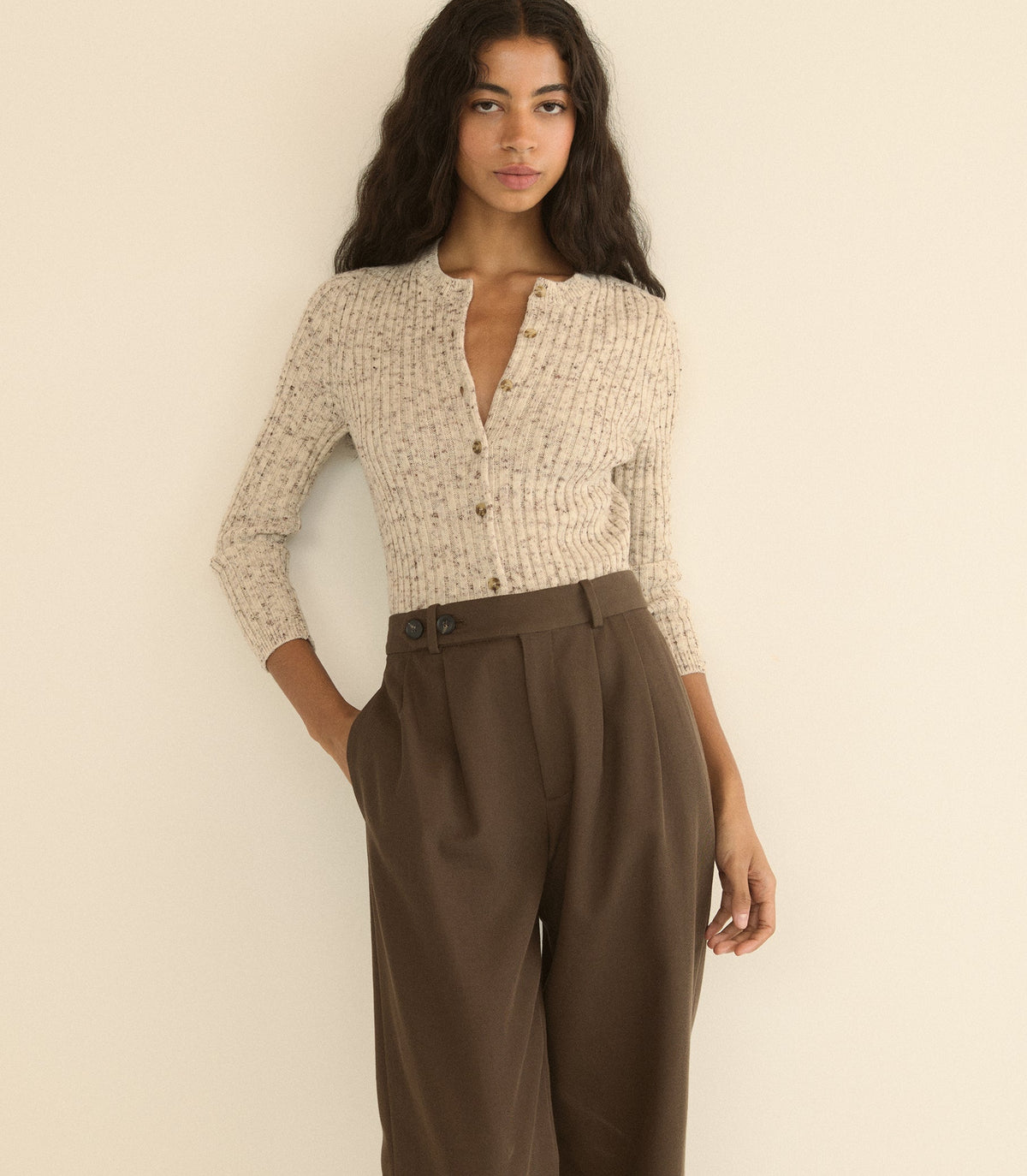 DANAE RIB CARDIGAN -- SABBIA MELANGE