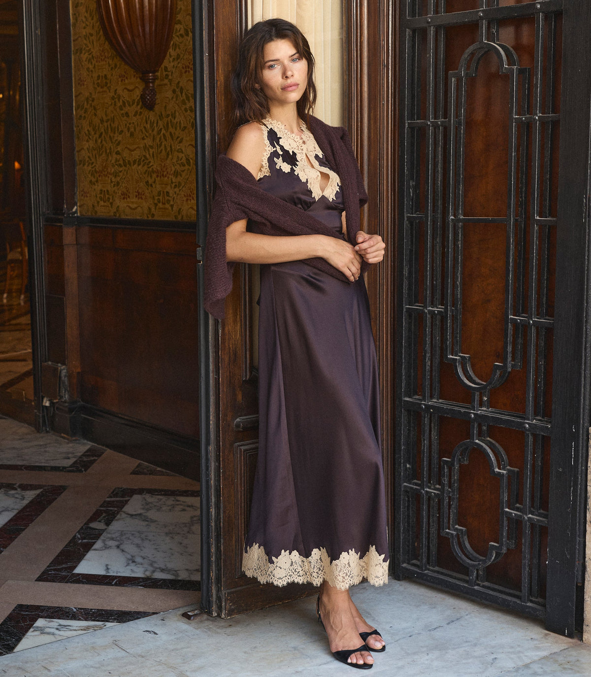 JULITTA DRESS -- EQUESTRIAN BROWN WITH CREAM LACE